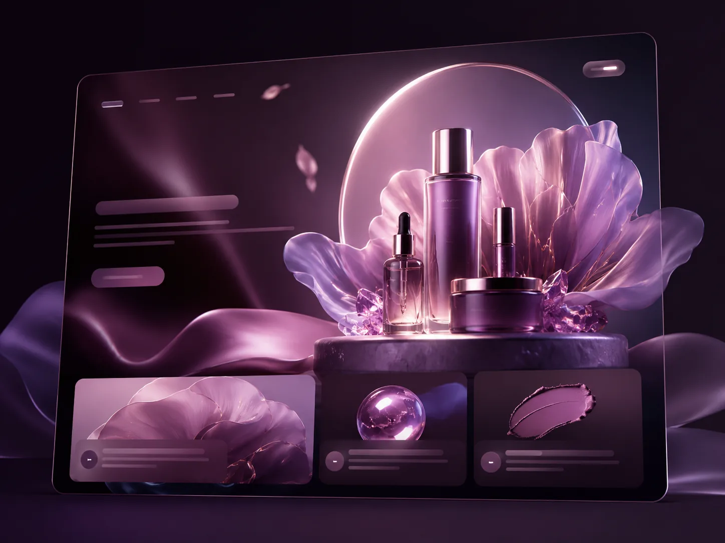 Concept interface for a premium beauty launch — violet skincare bottles staged among petals and crystals with editorial product-detail panels.