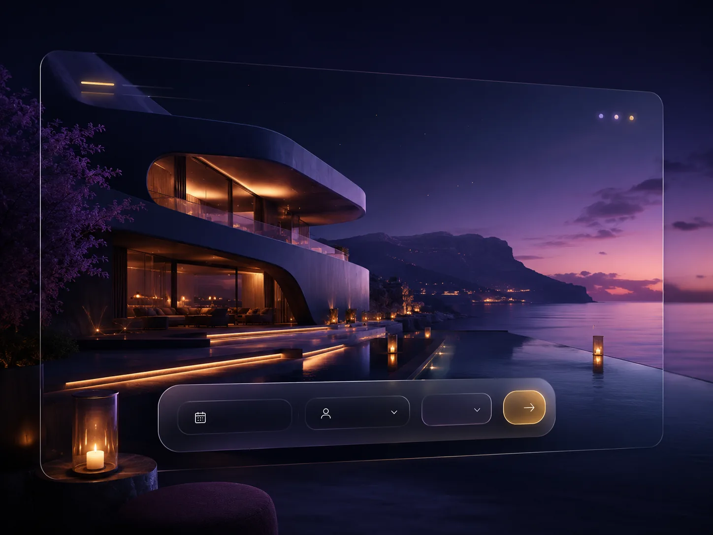 Concept interface for a luxury cliffside resort at dusk — a clifftop villa, infinity pool and a calm reservation bar for dates and guests.