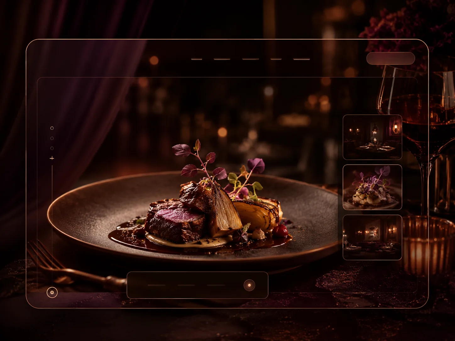 Concept interface for a fine-dining restaurant — a plated course in candlelit ambience with atmosphere thumbnails and a reservation control.