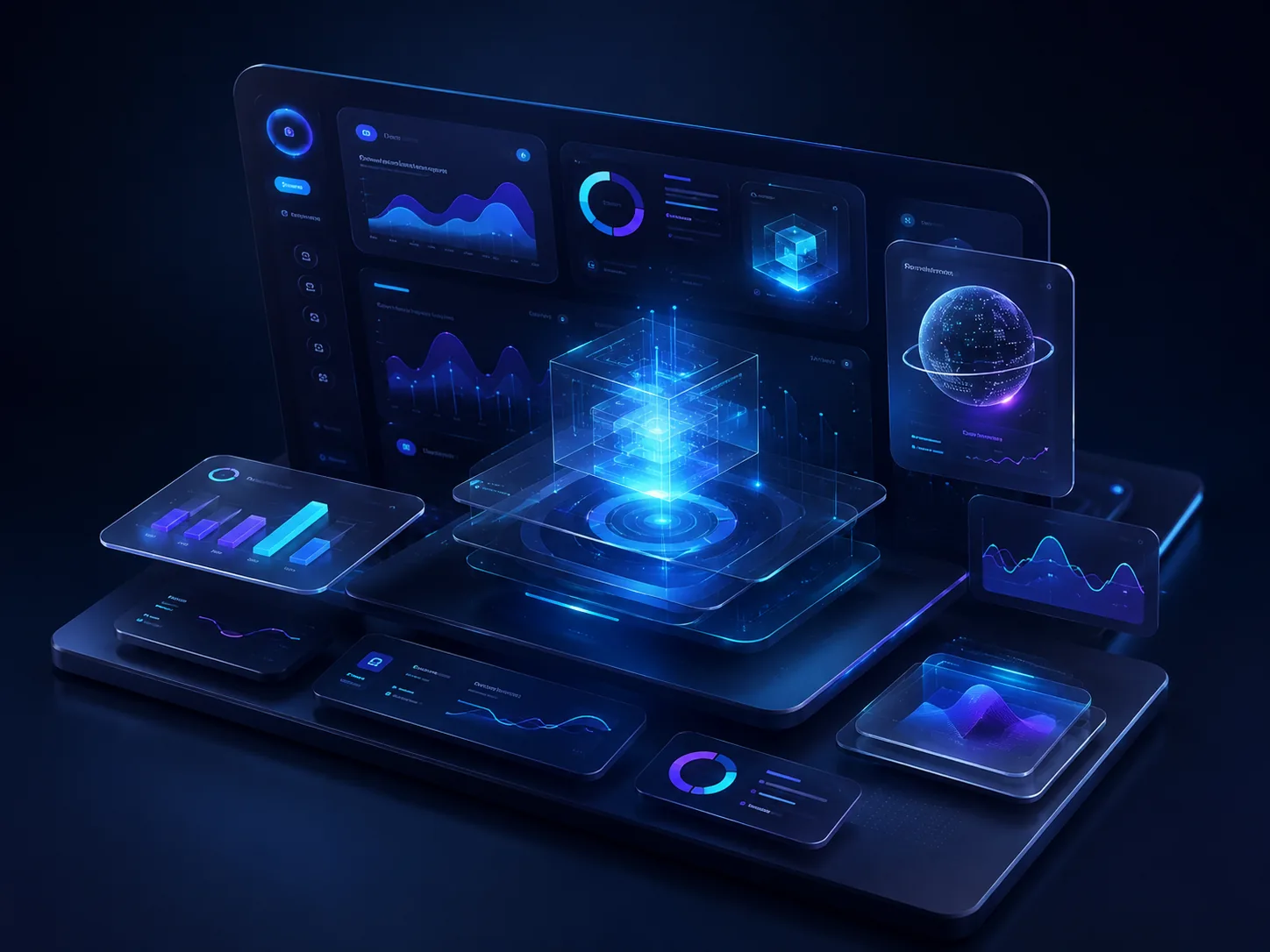 Concept dashboard for an intelligent startup platform — a luminous data core surrounded by charts, panels and a connected-world module.