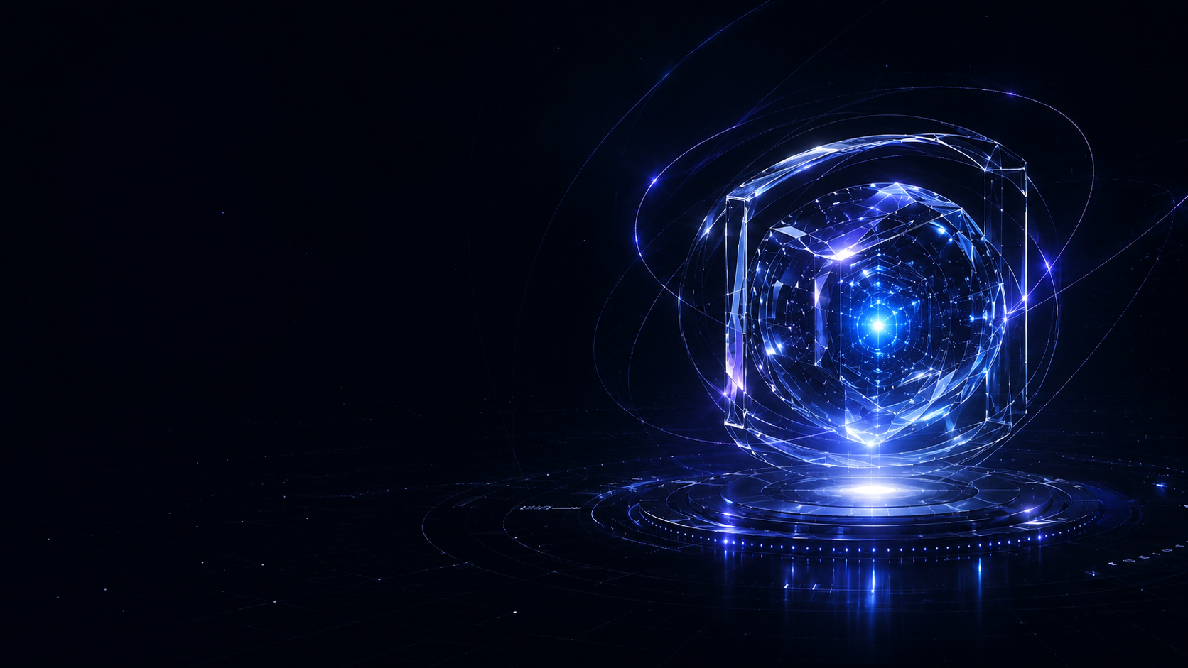 The Nexora Core — a glass-and-chrome entity holding luminous blue light within concentric orbital rings, resting on a softly glowing dais.